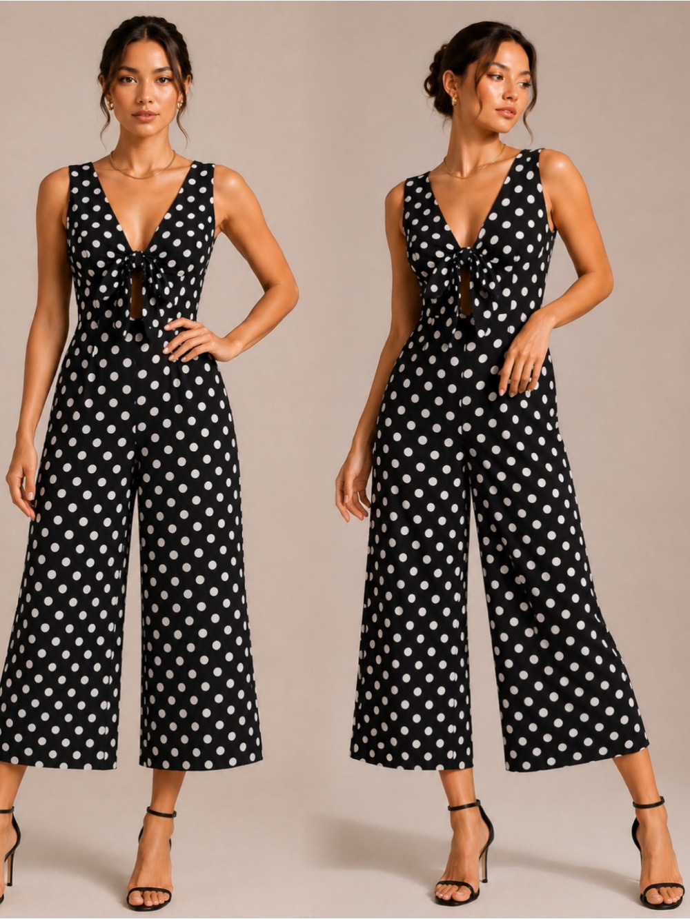 Polka Dot Tie-Front Wide-Leg Jumpsuit - Black/White